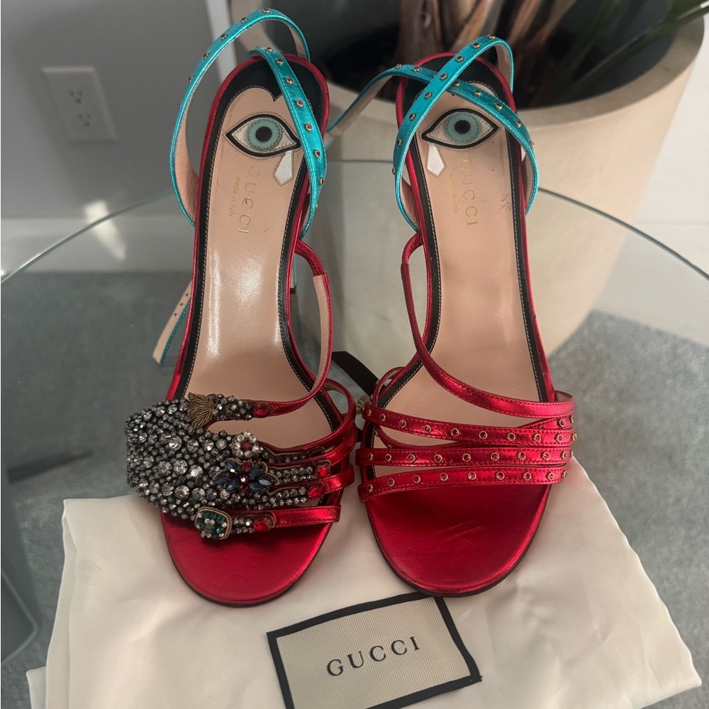 Gucci Red and Turquoise Embellished Heels
